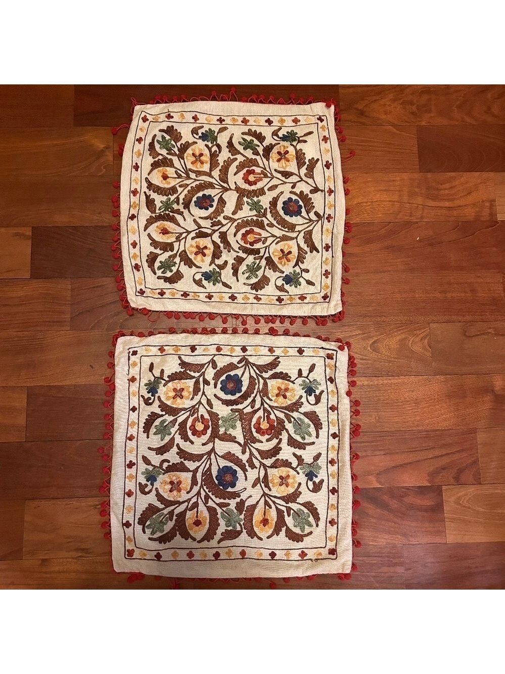Pier 1 Imports Embroidered Floral Pillow Covers Boho Pom Pom Trim 18x18” Cotton